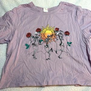 ELECTRIC PINK- purple crop top with dancing skeletons and roses Halloween shirt